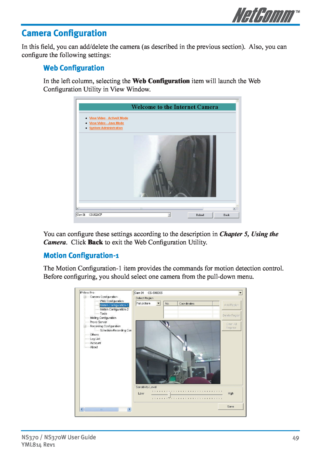 NetComm NS370W manual Camera Configuration, Motion Configuration-1, Web Configuration 