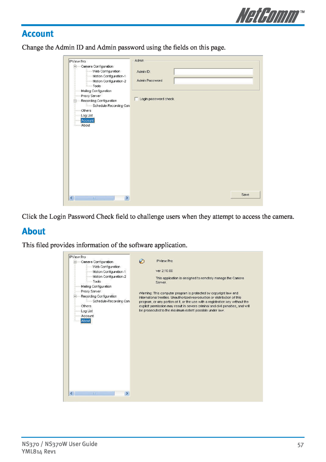 NetComm NS370W manual Account, About, Change the Admin ID and Admin password using the ﬁelds on this page, YML814 Rev1 