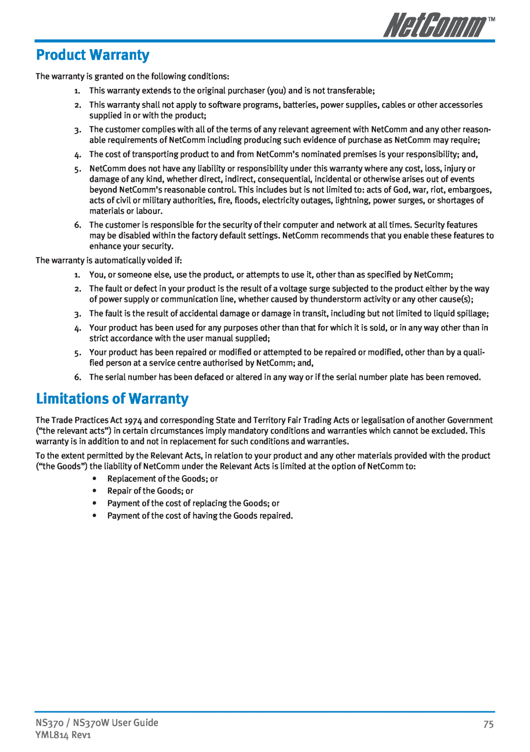 NetComm manual Product Warranty, Limitations of Warranty, NS370 / NS370W User Guide, YML814 Rev1 