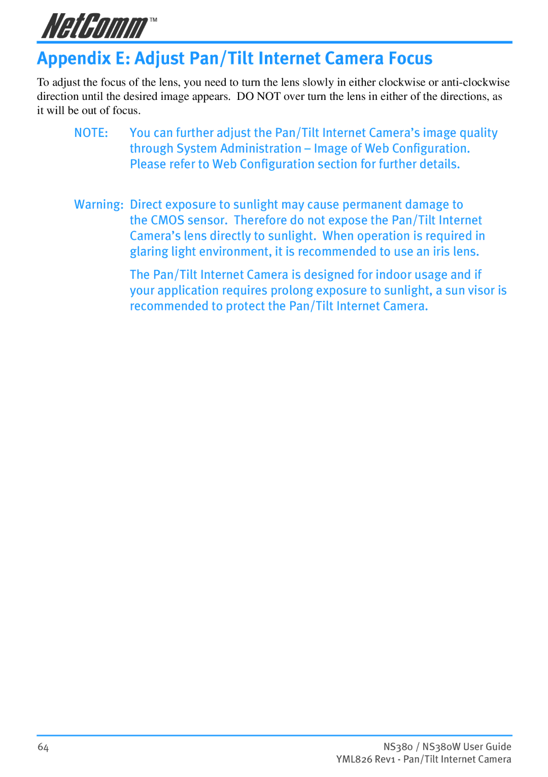 NetComm NS380W Appendix E Adjust Pan/Tilt Internet Camera Focus, Through System Administration Image of Web Configuration 