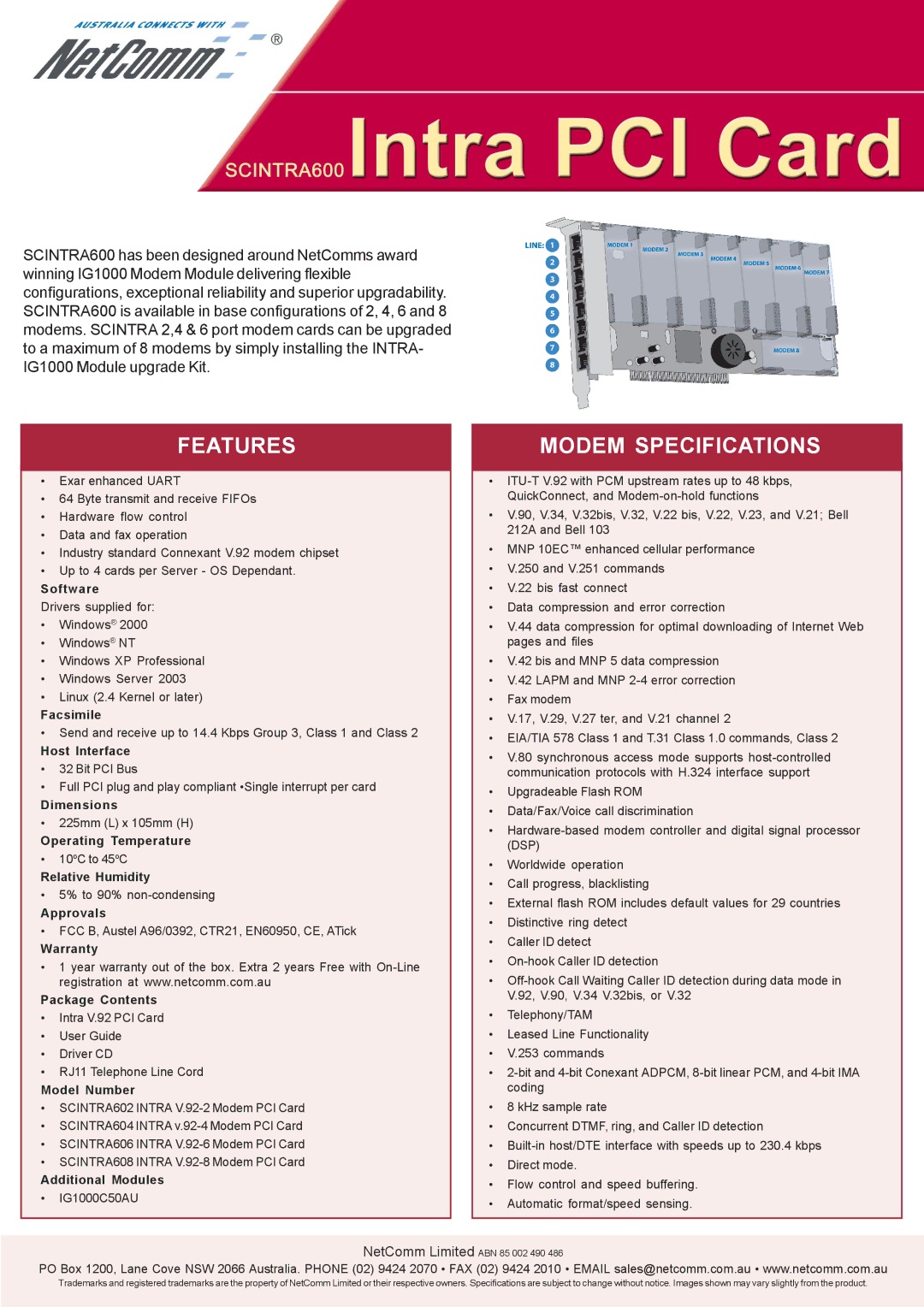 NetComm SCINTRA600 specifications Features, Modem Specifications 