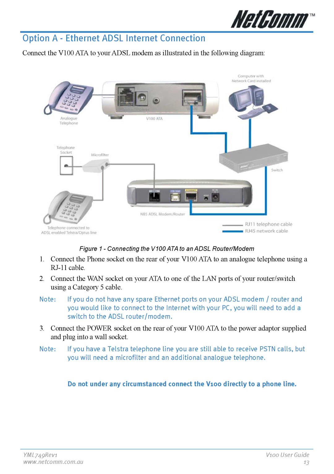 NetComm manual Option a Ethernet Adsl Internet Connection, Connecting the V100 ATA to an Adsl Router/Modem 