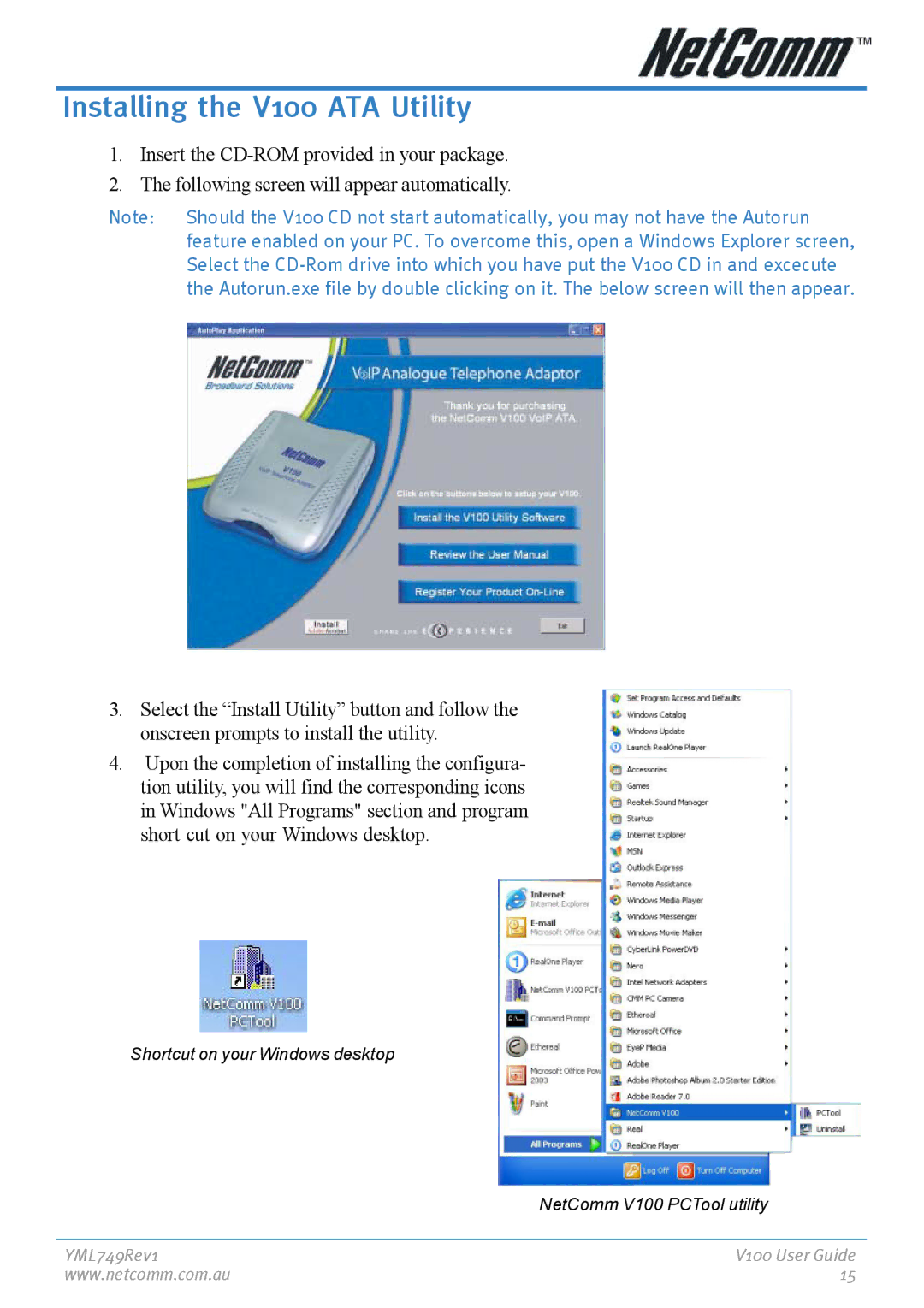 NetComm manual Installing the V100 ATA Utility 