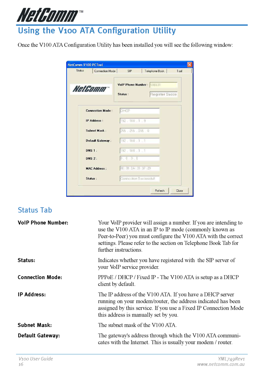 NetComm manual Using the V100 ATA Configuration Utility, Status Tab 