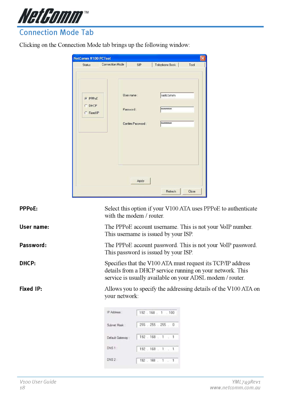 NetComm V100 manual Connection Mode Tab, Dhcp 