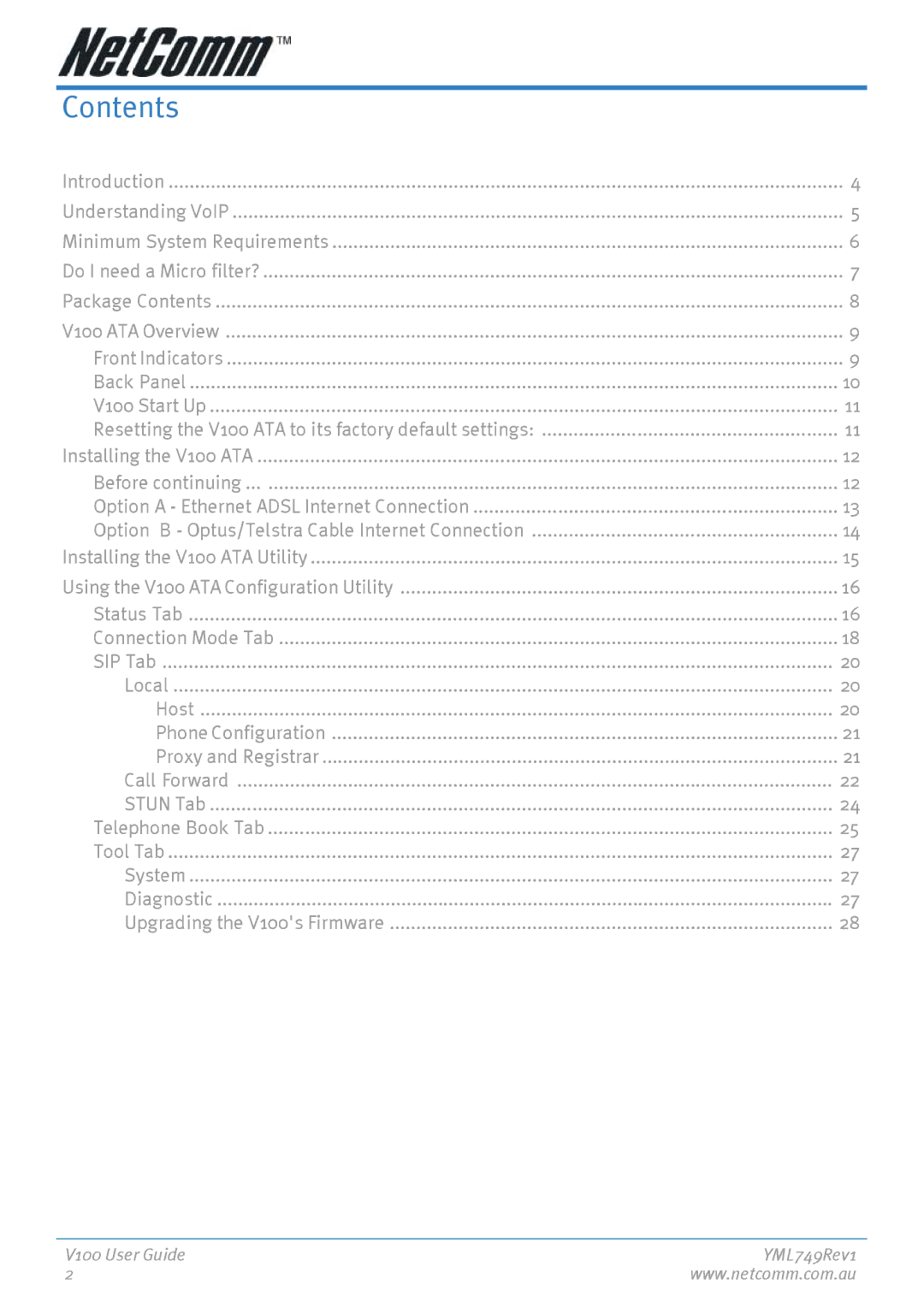 NetComm V100 manual Contents 