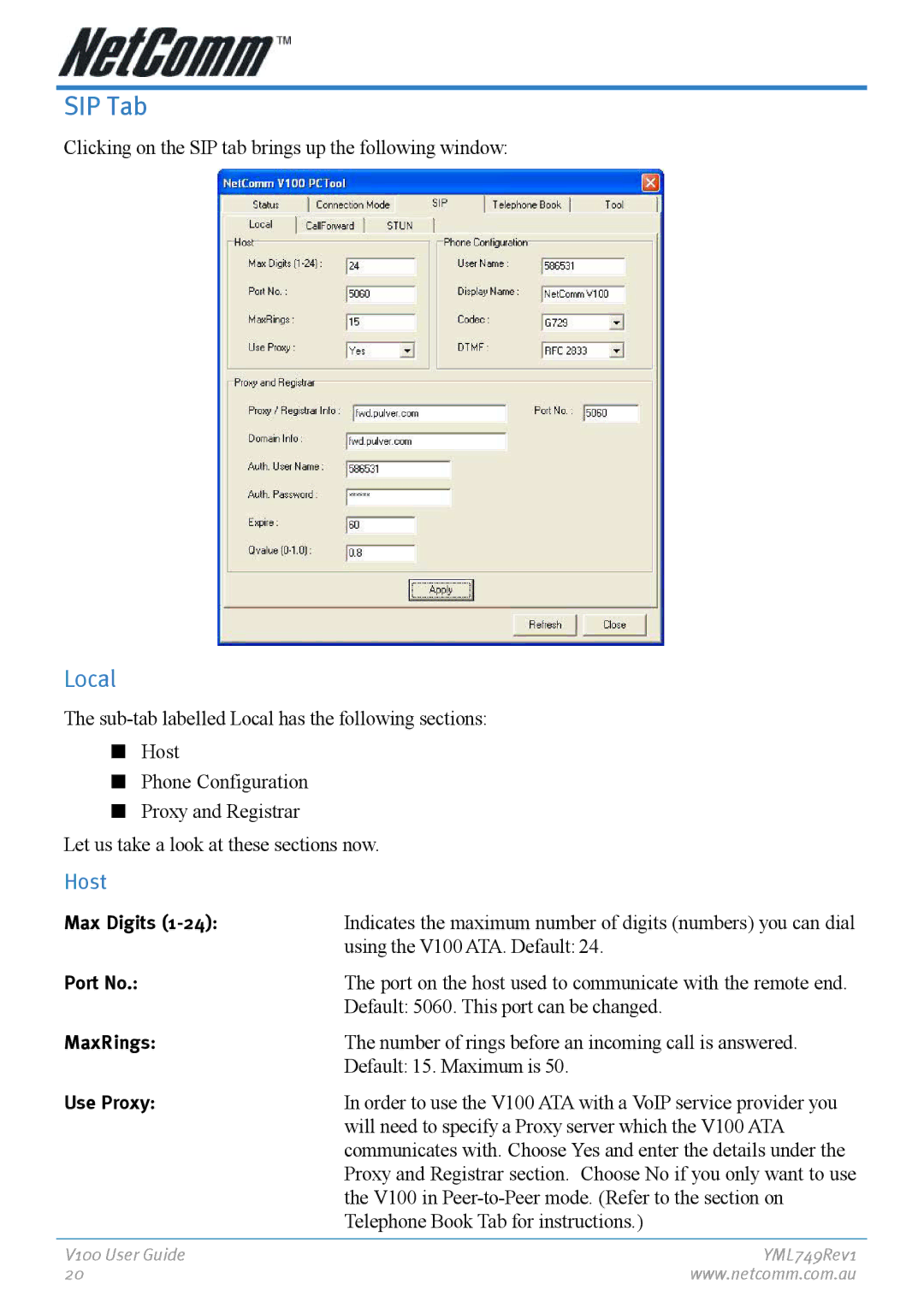 NetComm V100 manual SIP Tab, Local 