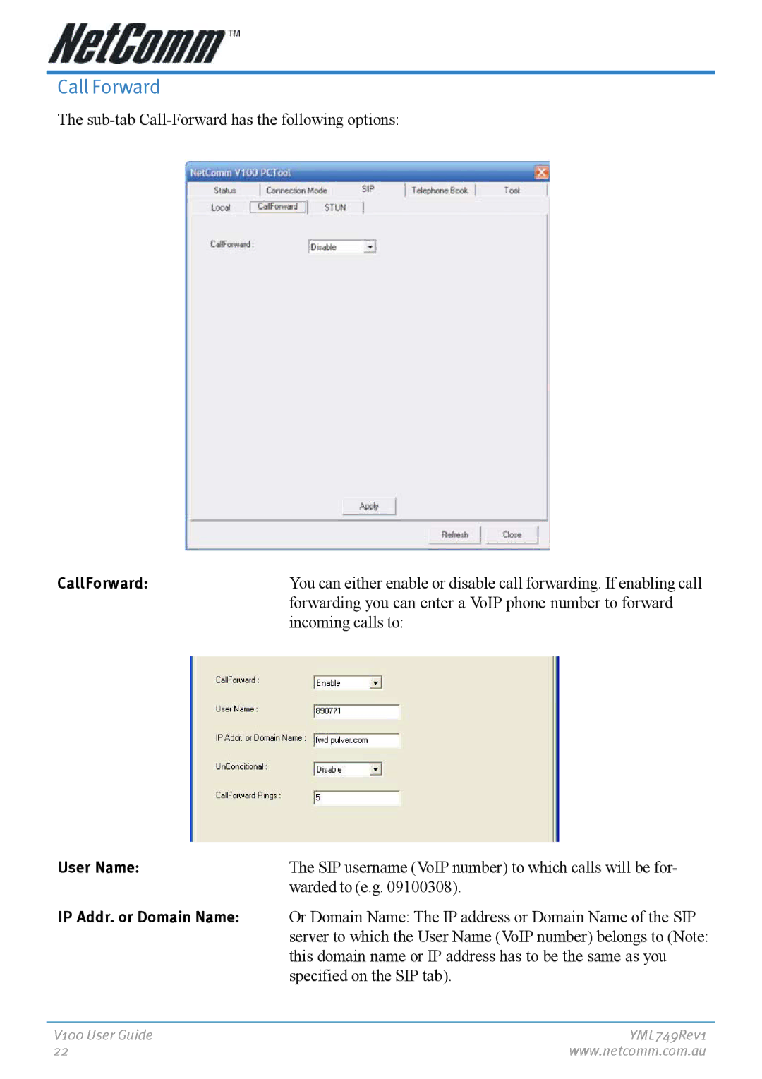 NetComm V100 manual Call Forward 