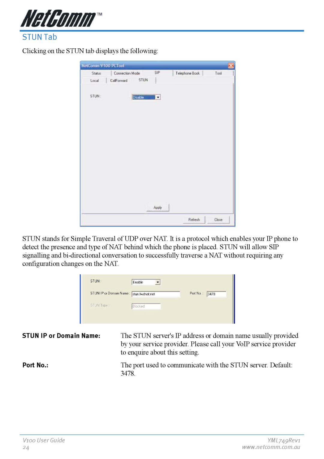 NetComm V100 manual Stun Tab 