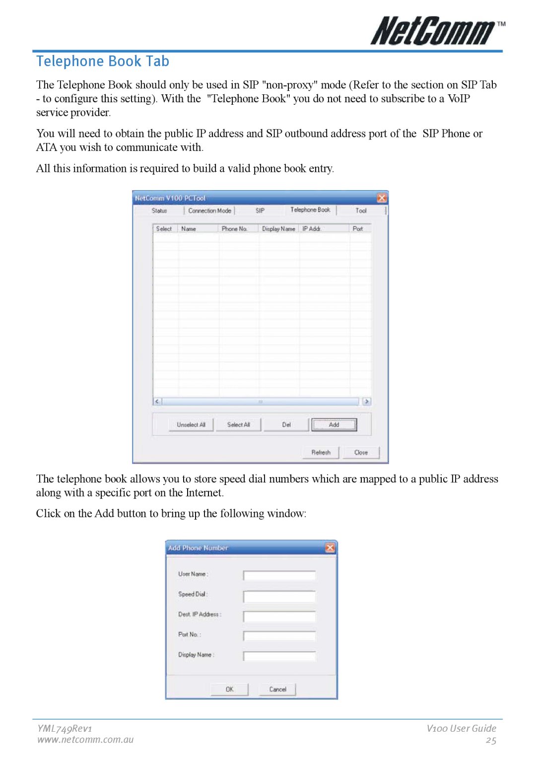 NetComm V100 manual Telephone Book Tab 