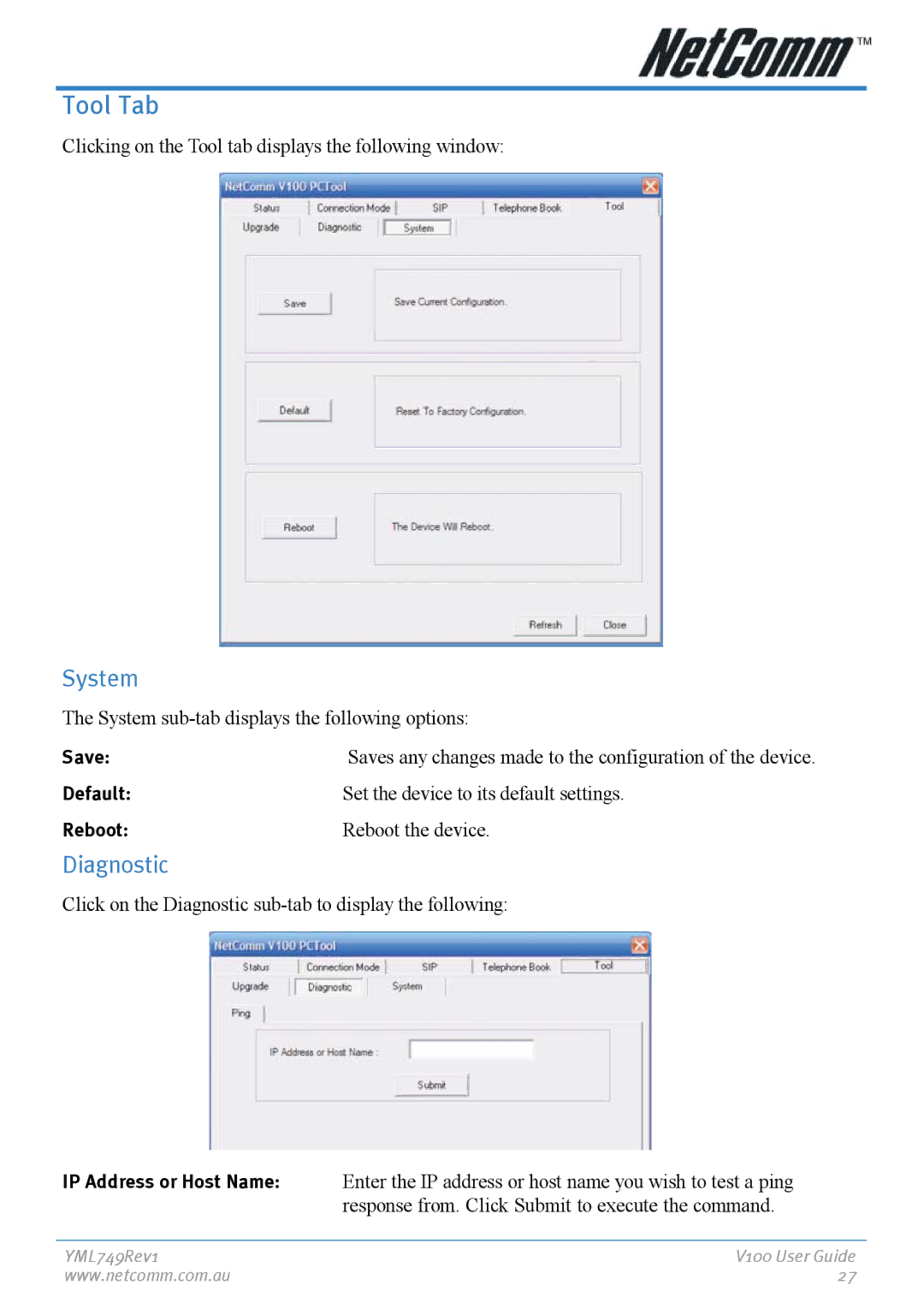NetComm V100 manual Tool Tab, System, Diagnostic 