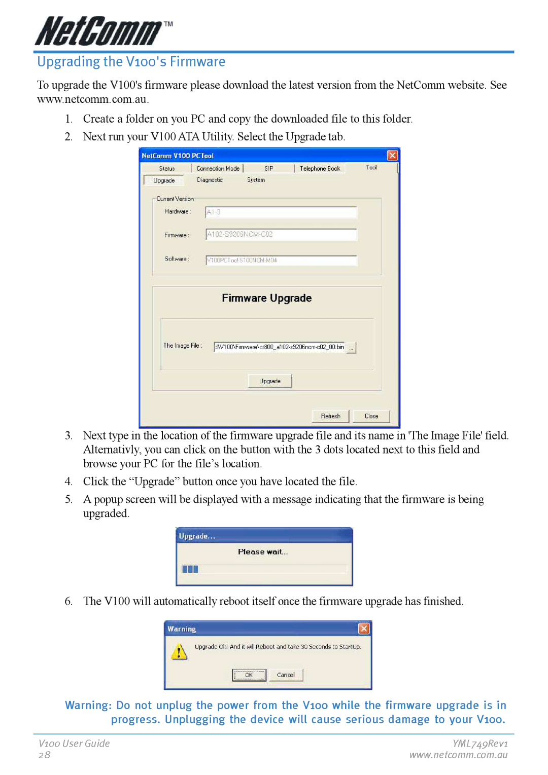 NetComm manual Upgrading the V100s Firmware 