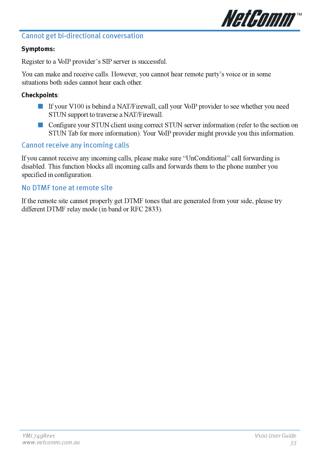 NetComm V100 manual Cannot get bi-directional conversation 