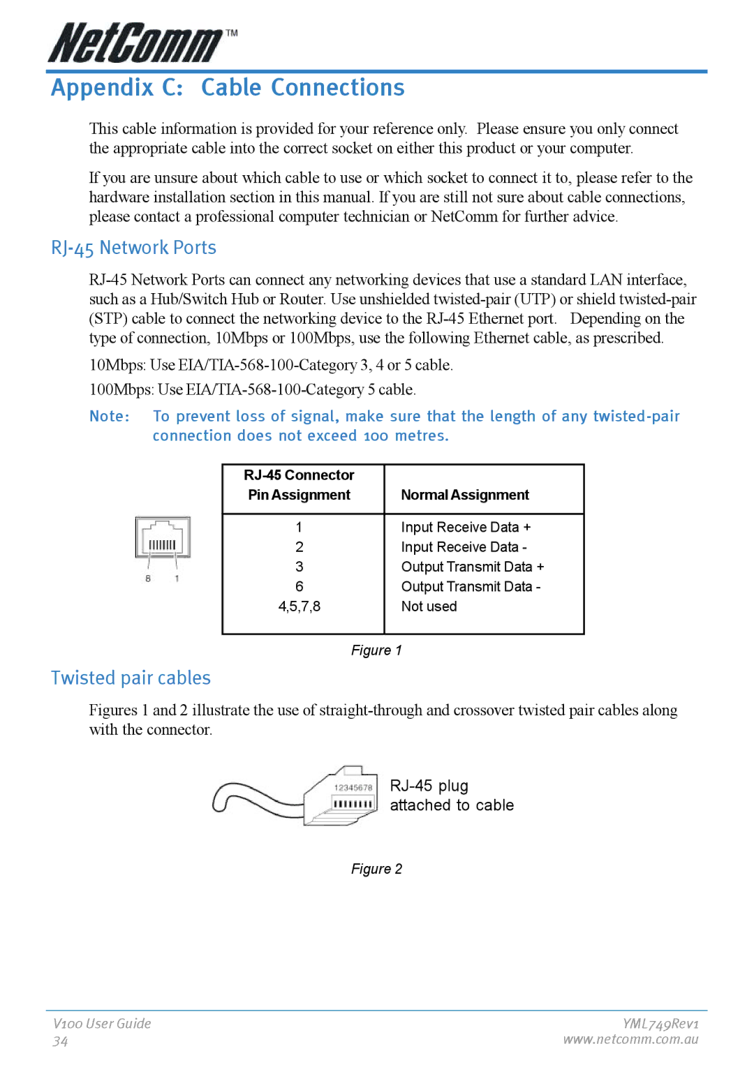 NetComm V100 manual Appendix C Cable Connections, RJ-45 Network Ports, Twisted pair cables 