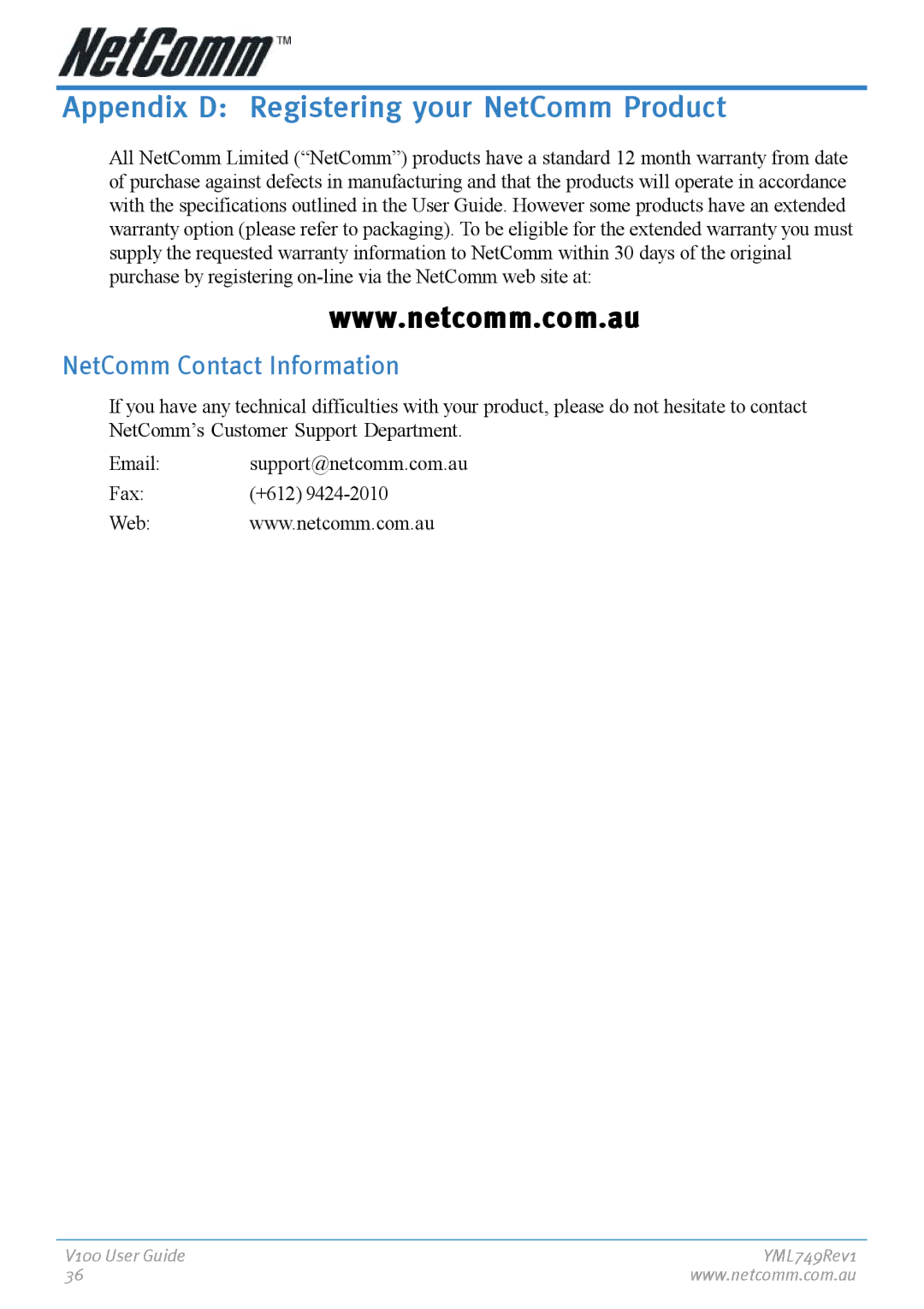 NetComm V100 manual Appendix D Registering your NetComm Product, NetComm Contact Information 