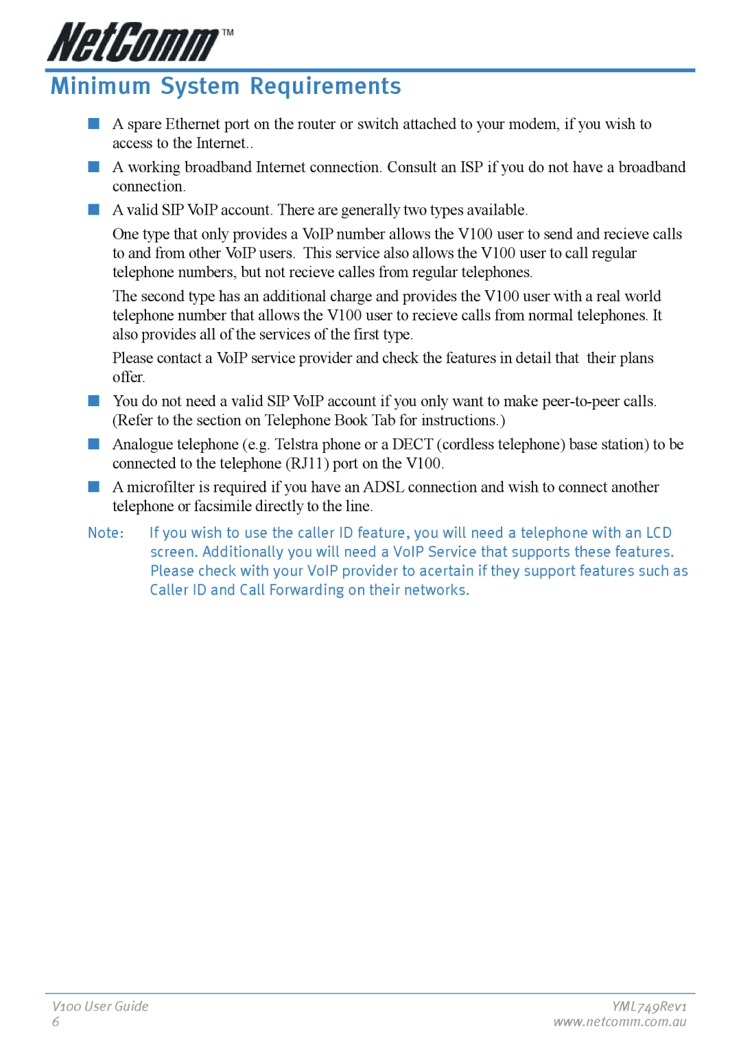 NetComm V100 manual Minimum System Requirements 