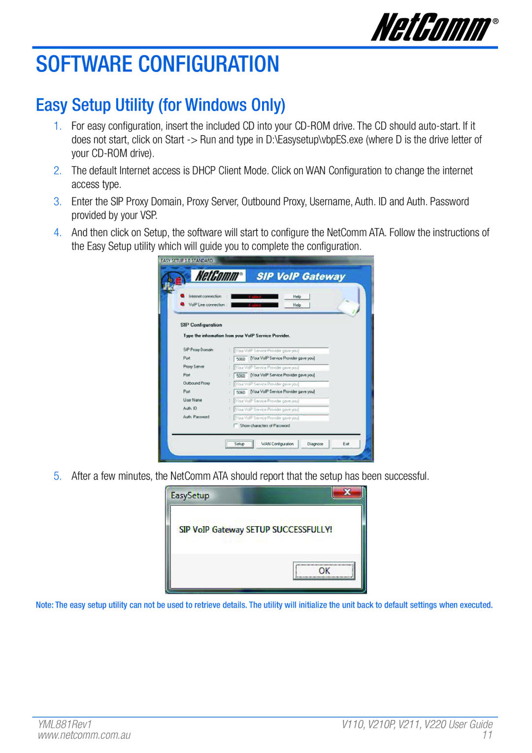 NetComm V110 manual Software Configuration, Easy Setup Utility for Windows Only 