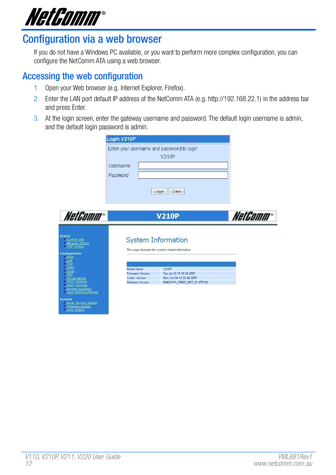 NetComm V110 manual Configuration via a web browser, Accessing the web configuration 