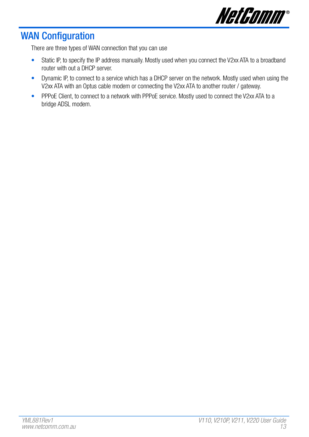 NetComm V110 manual WAN Configuration 