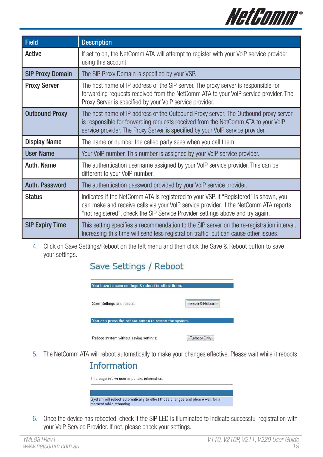 NetComm V110 manual Field Description 