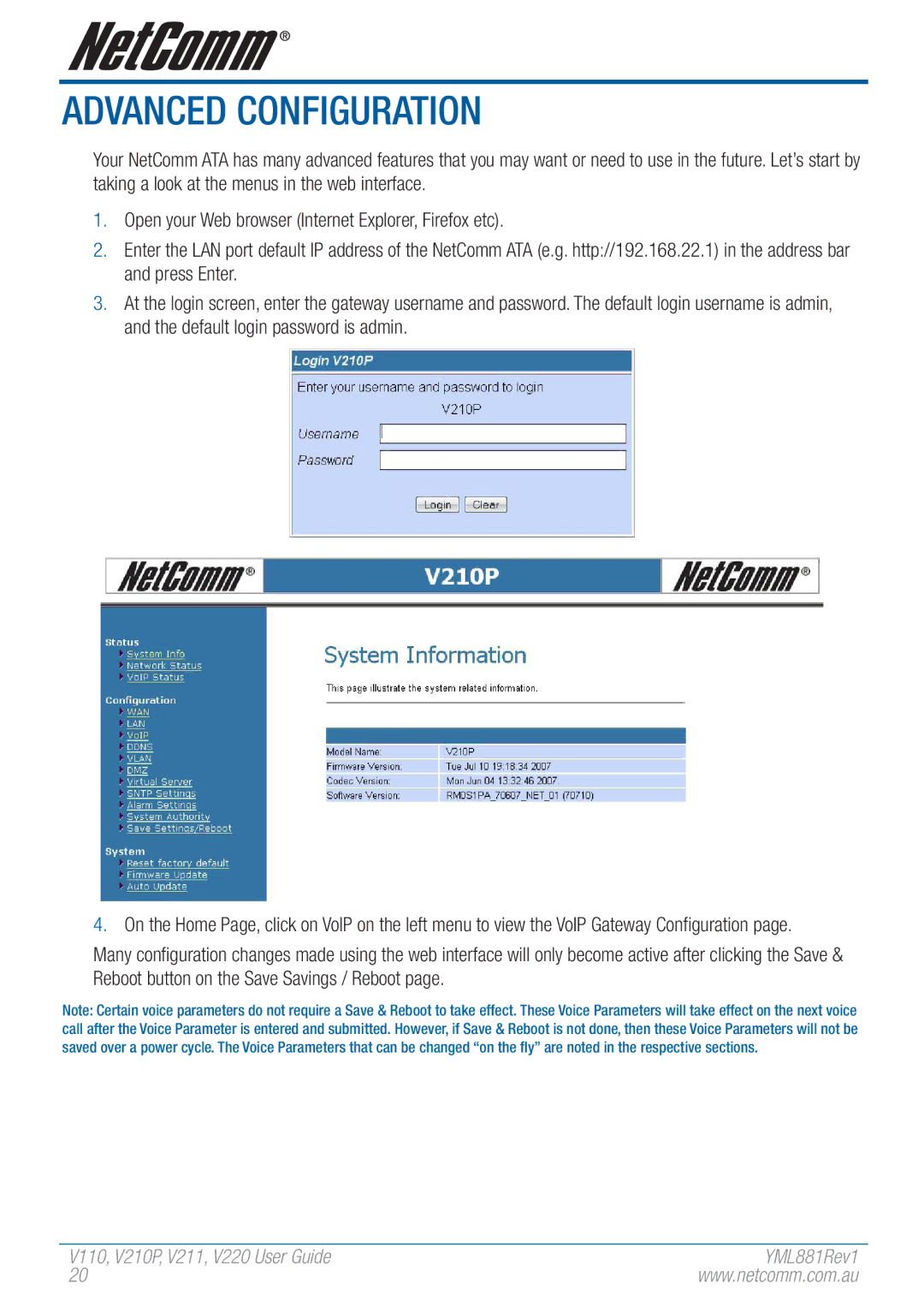 NetComm V110 manual Advanced Configuration 