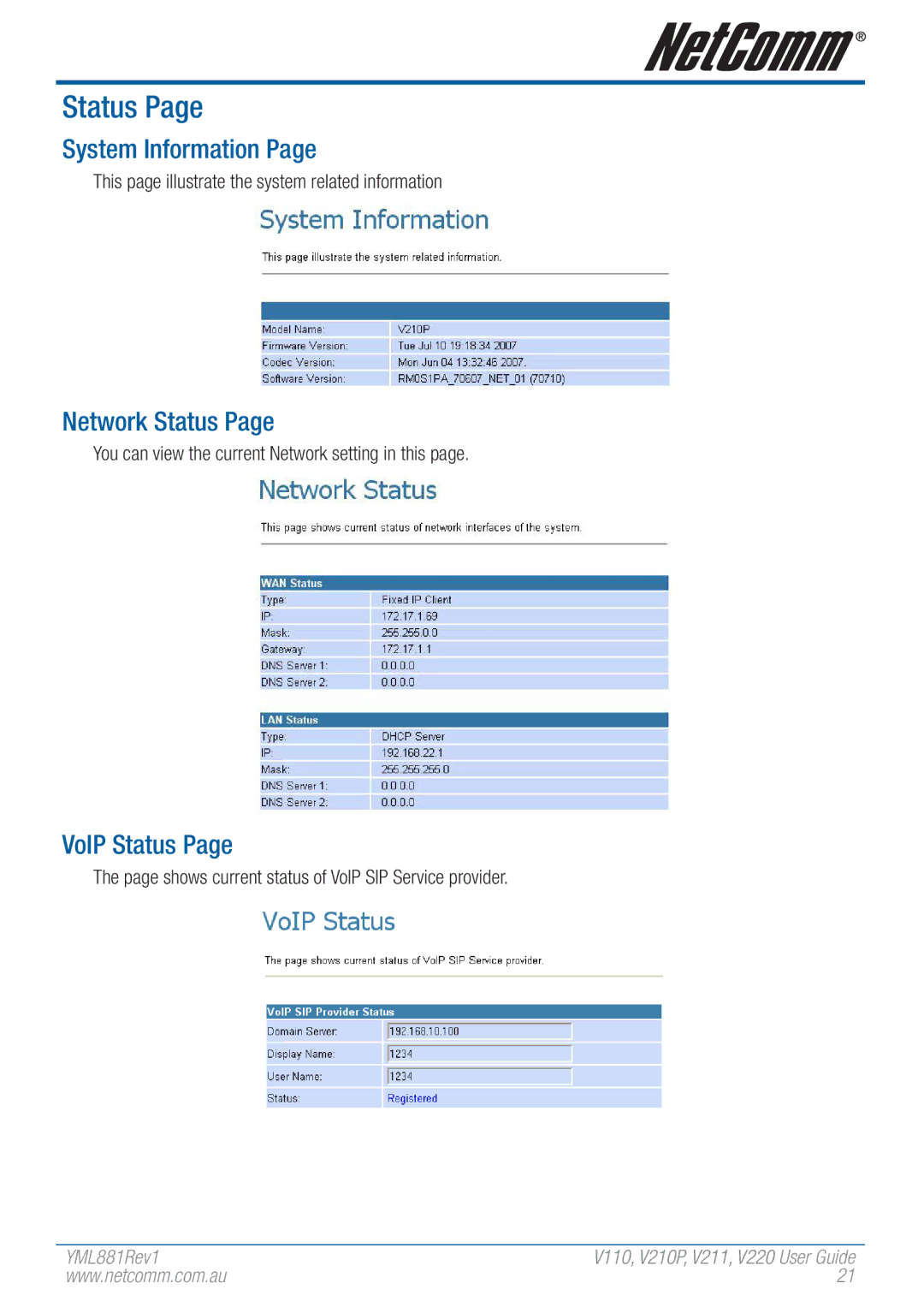 NetComm V110 manual System Information, Network Status, VoIP Status 