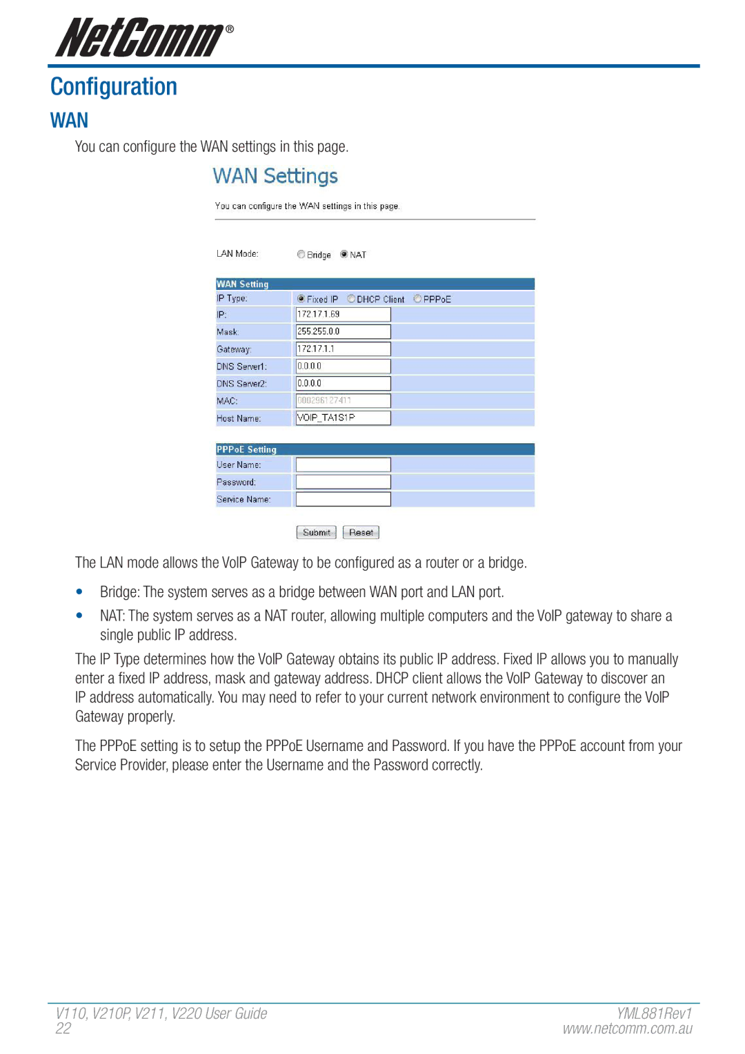 NetComm V110 manual Configuration, Wan 