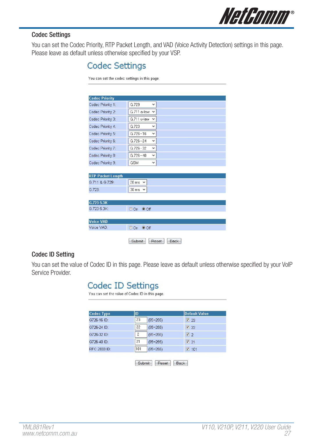 NetComm V110 manual Codec Settings 