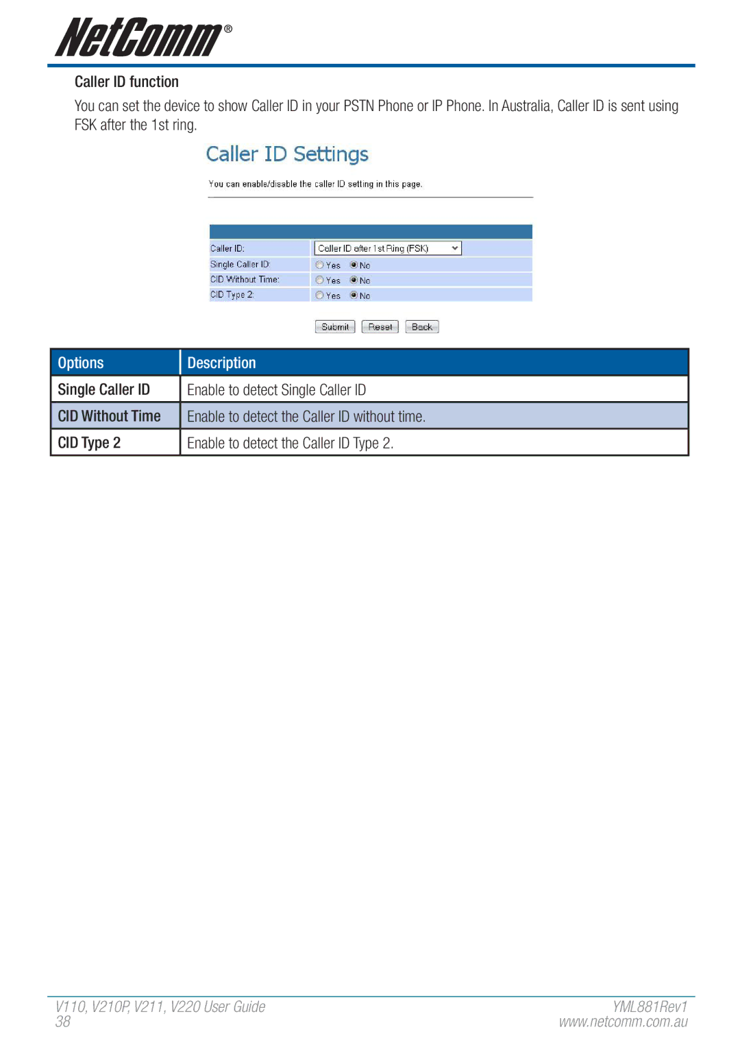 NetComm V110 manual Single Caller ID Enable to detect Single Caller ID, Enable to detect the Caller ID without time 