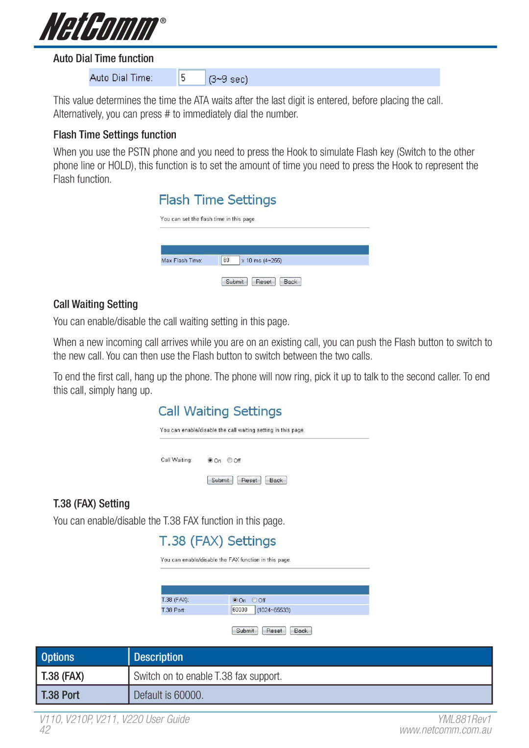 NetComm V110 manual Auto Dial Time function, Fax, Switch on to enable T.38 fax support, Port Default is 