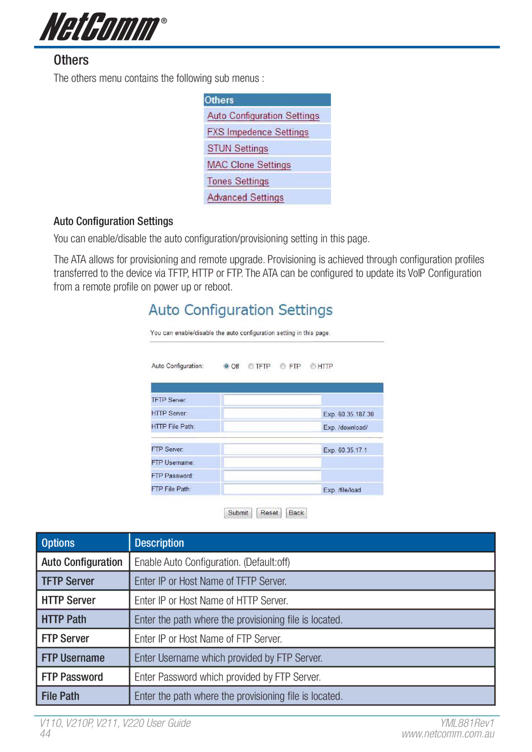 NetComm V110 manual Others, Enable Auto Configuration. Defaultoff 