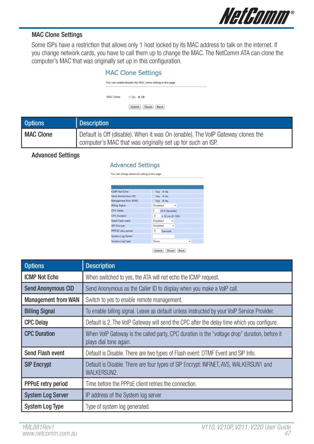 NetComm V110 manual Options Description MAC Clone, Computer’s MAC that was originally set up for such an ISP, WALKERSUN2 