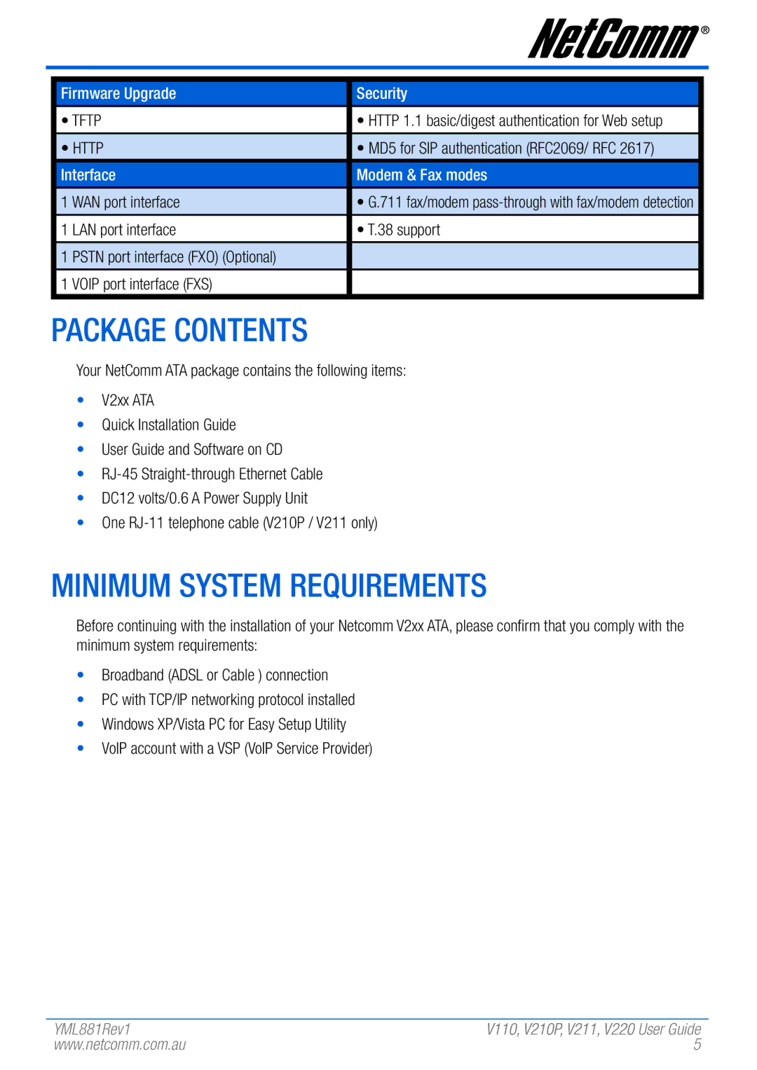 NetComm V110 manual Package Contents, Minimum System Requirements 