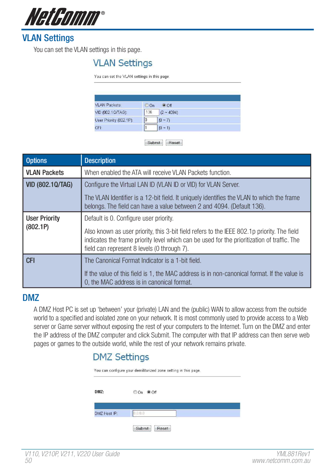 NetComm V110 manual Vlan Settings, Cfi 