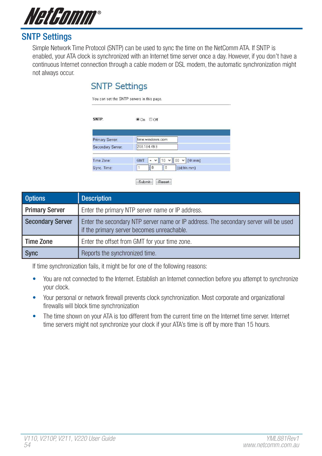 NetComm V110 manual Sntp Settings, If the primary server becomes unreachable 