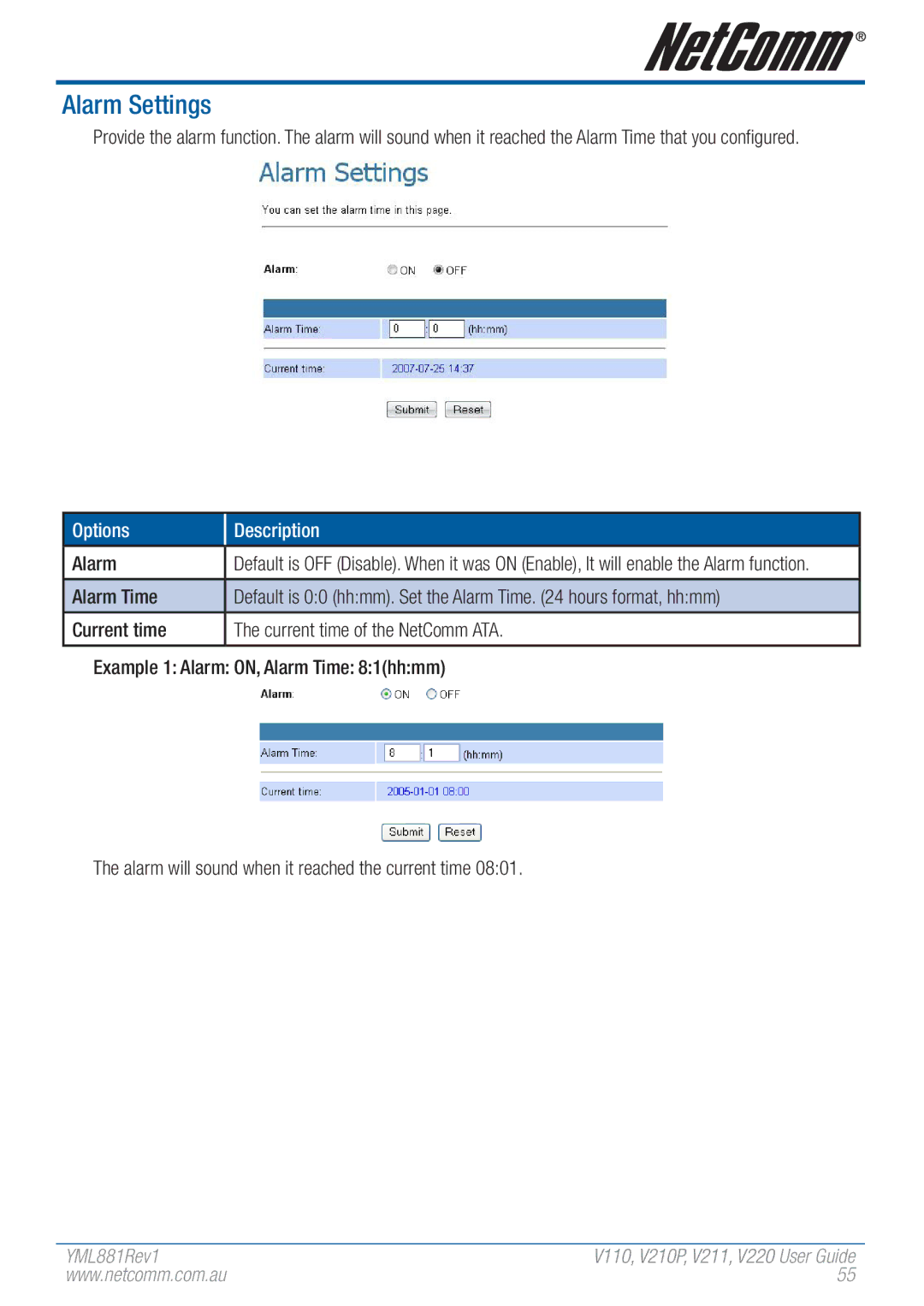 NetComm V110 manual Alarm Settings 