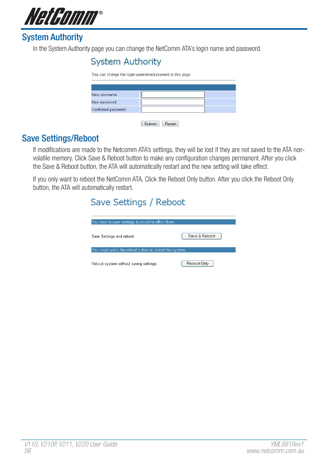 NetComm V110 manual System Authority, Save Settings/Reboot 