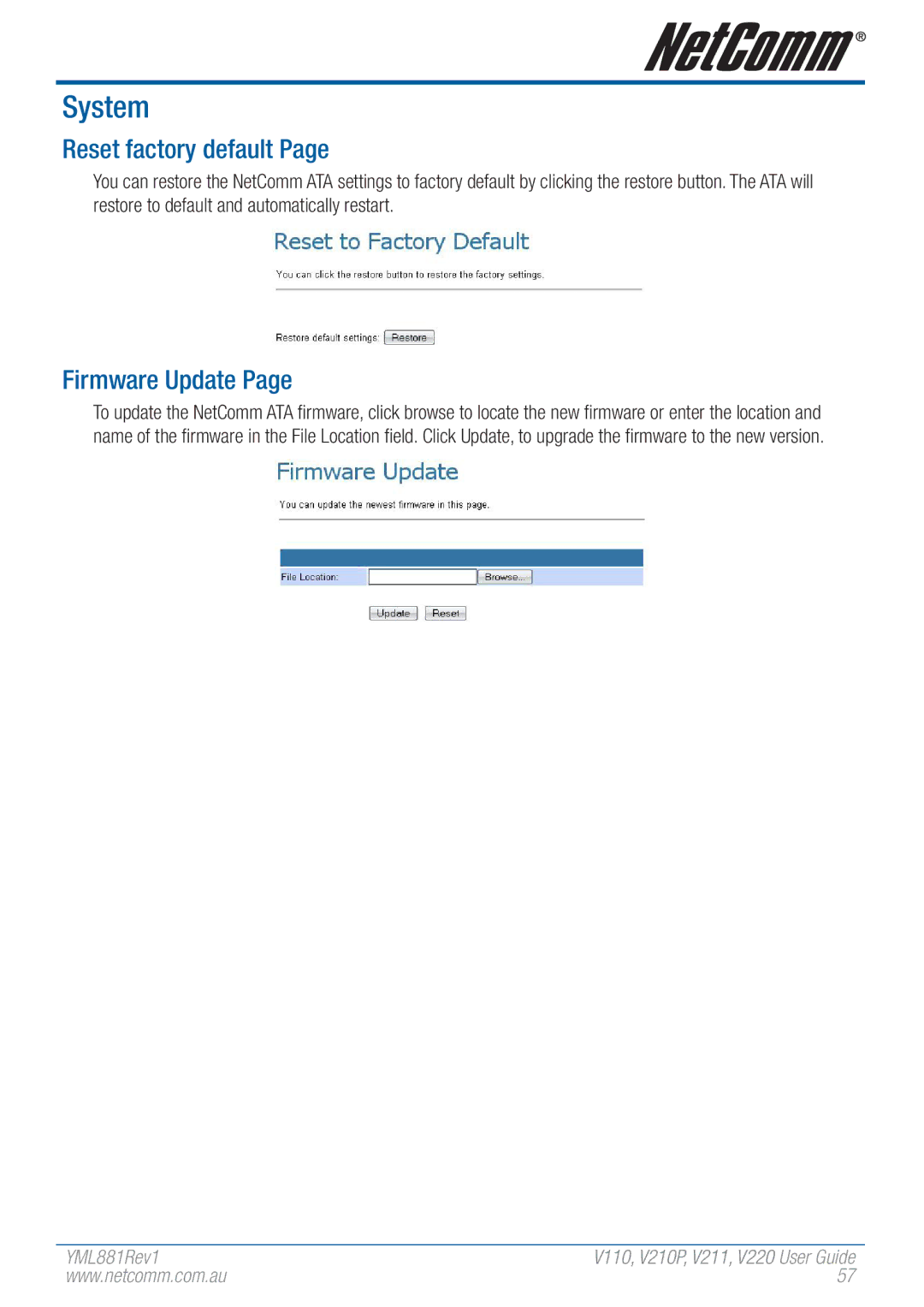 NetComm V110 manual System, Reset factory default, Firmware Update 