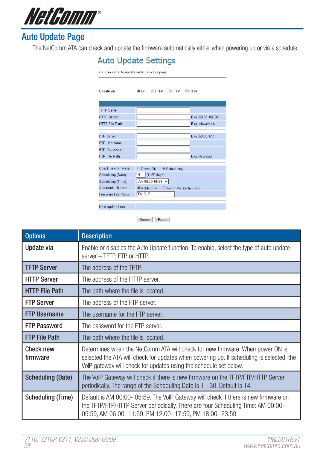 NetComm V110 Auto Update, Update via, Server TFTP, FTP or Http, Firmware, 0559, AM 0600- 1159, PM 1200- 1759, PM 1800 