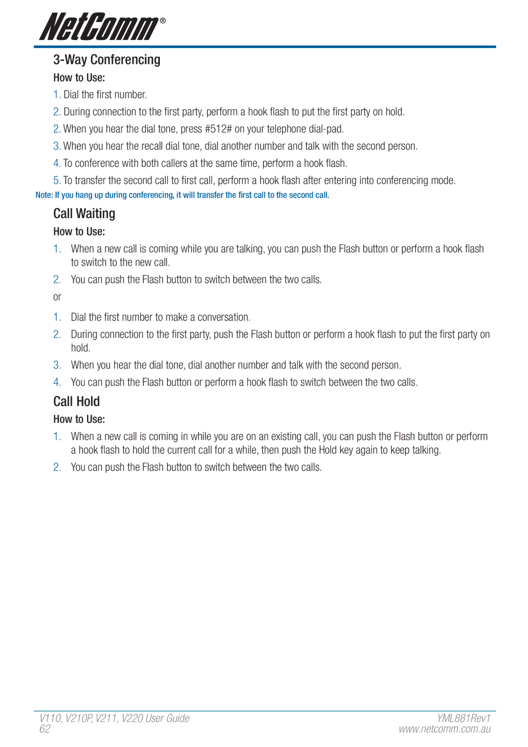 NetComm V110 manual Way Conferencing, Call Waiting, Call Hold 