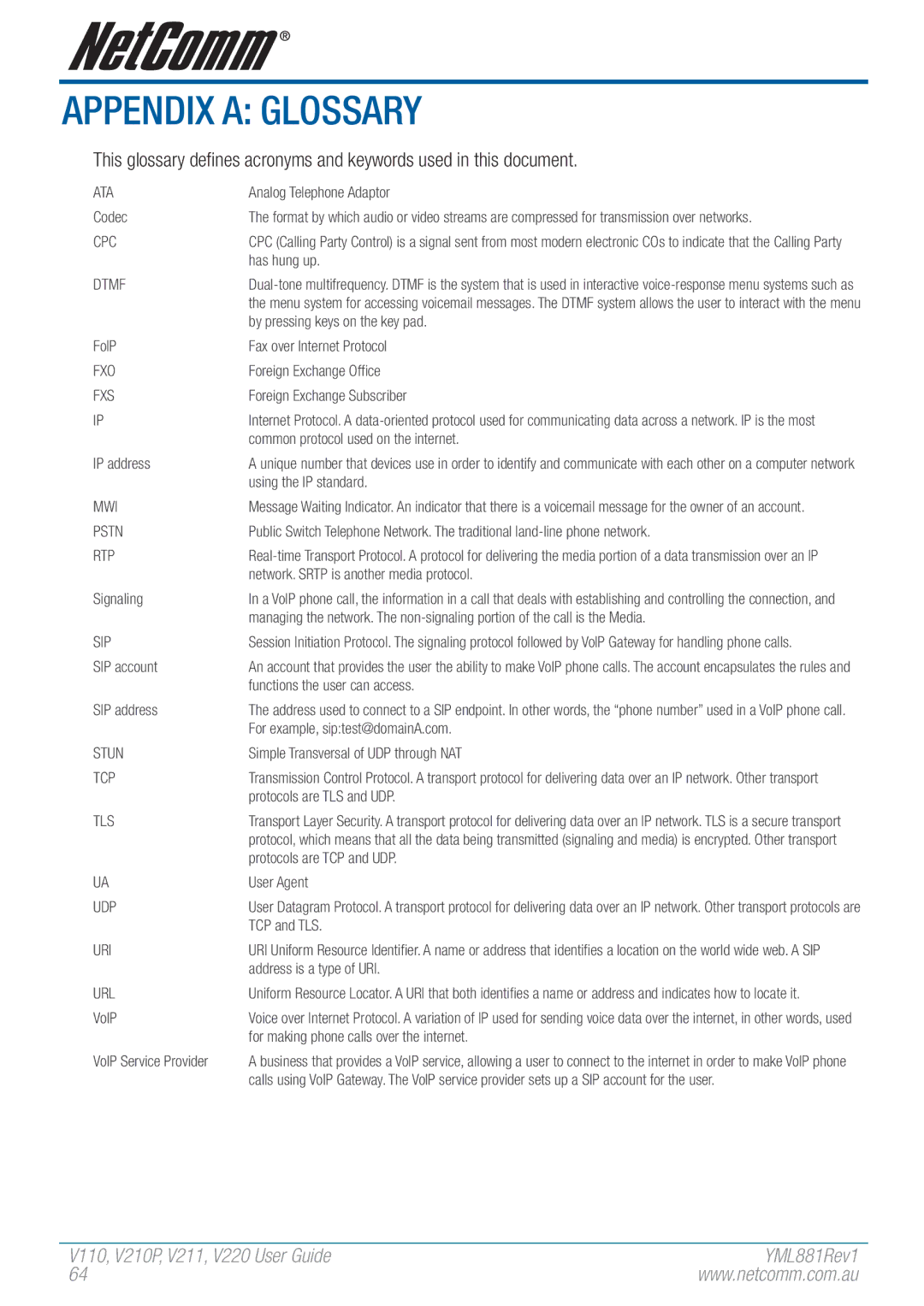 NetComm V110 manual Appendix a Glossary, Ata 