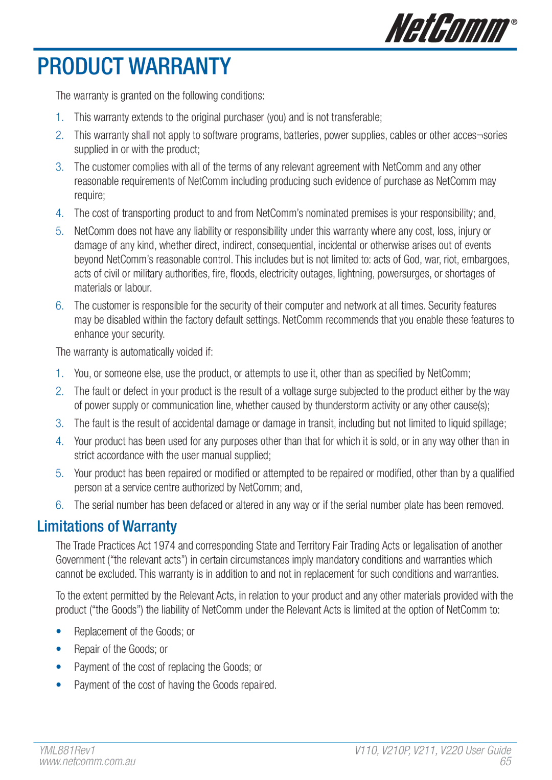 NetComm V110 manual Product Warranty, Limitations of Warranty 