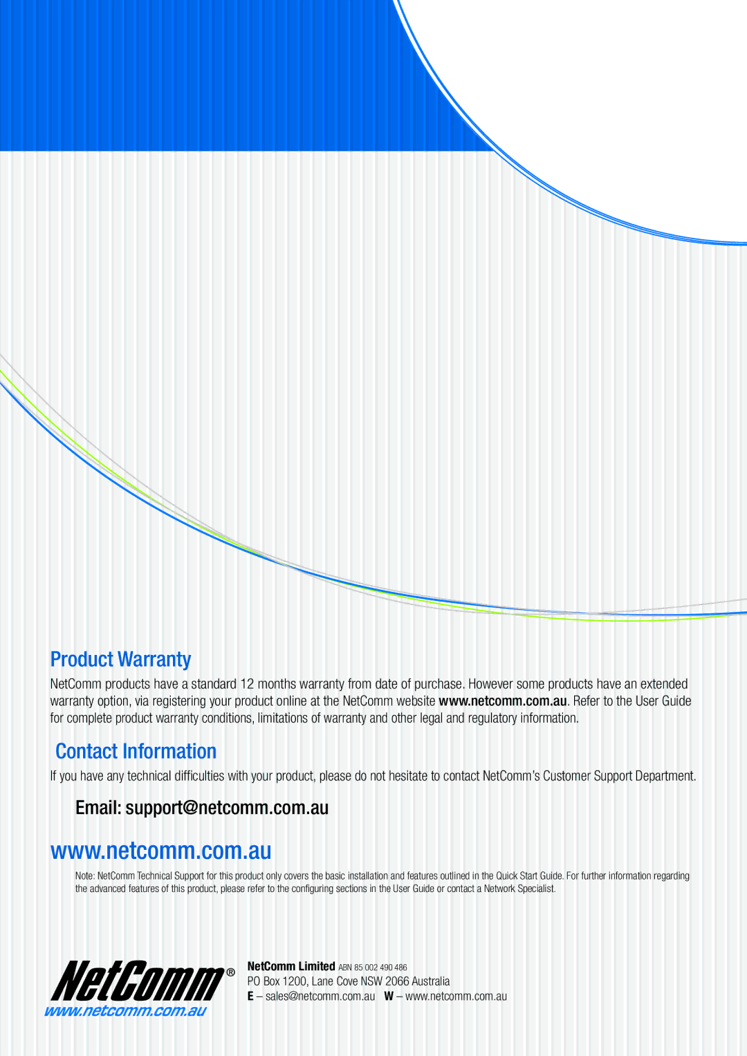 NetComm V110 manual Product Warranty Contact Information, Email support@netcomm.com.au 