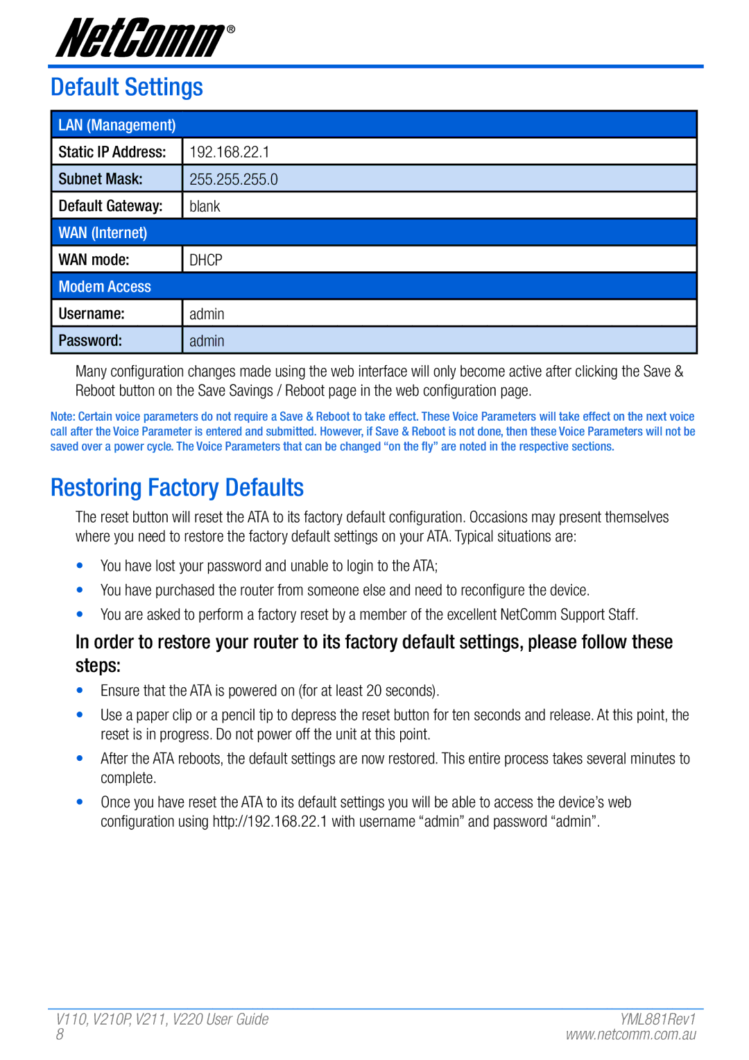 NetComm V110 manual Default Settings, Restoring Factory Defaults, Dhcp 