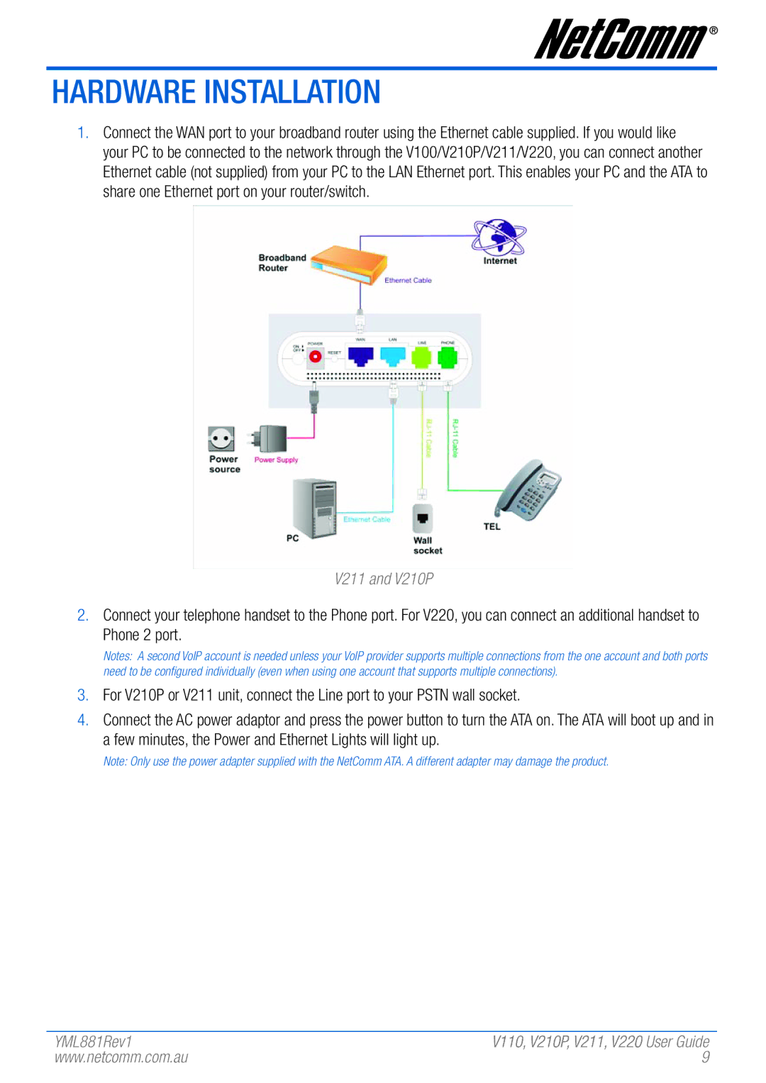 NetComm V110 manual Hardware Installation, V211 and V210P 