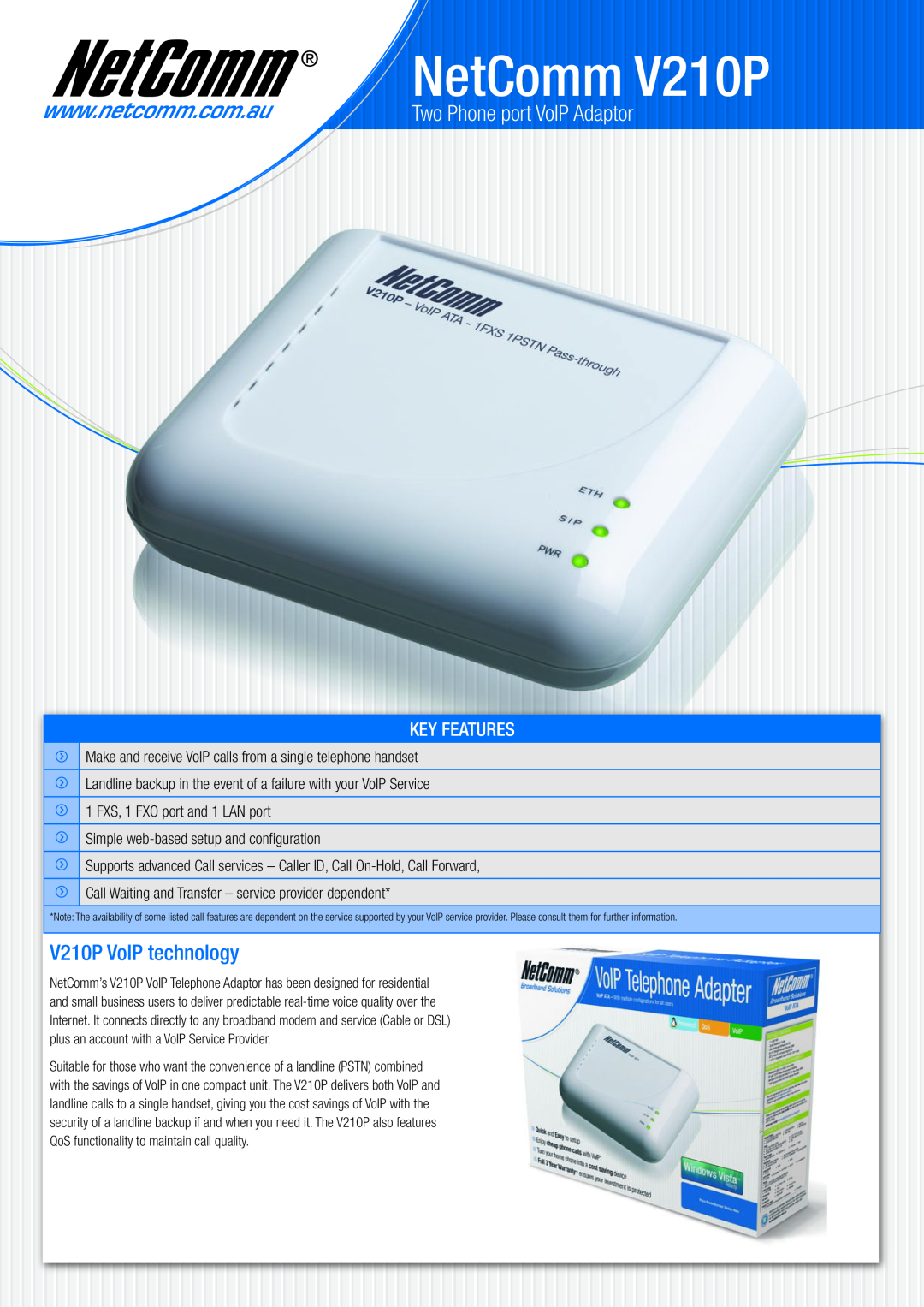 NetComm manual NetComm V210P, Two Phone port VoIP Adaptor, V210P VoIP technology, Key Features 