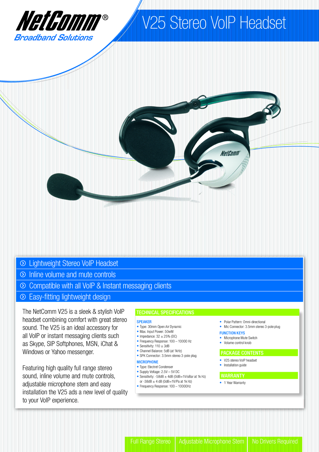 NetComm warranty V25 Stereo VoIP Headset, Windows or Yahoo messenger, Featuring high quality full range stereo 