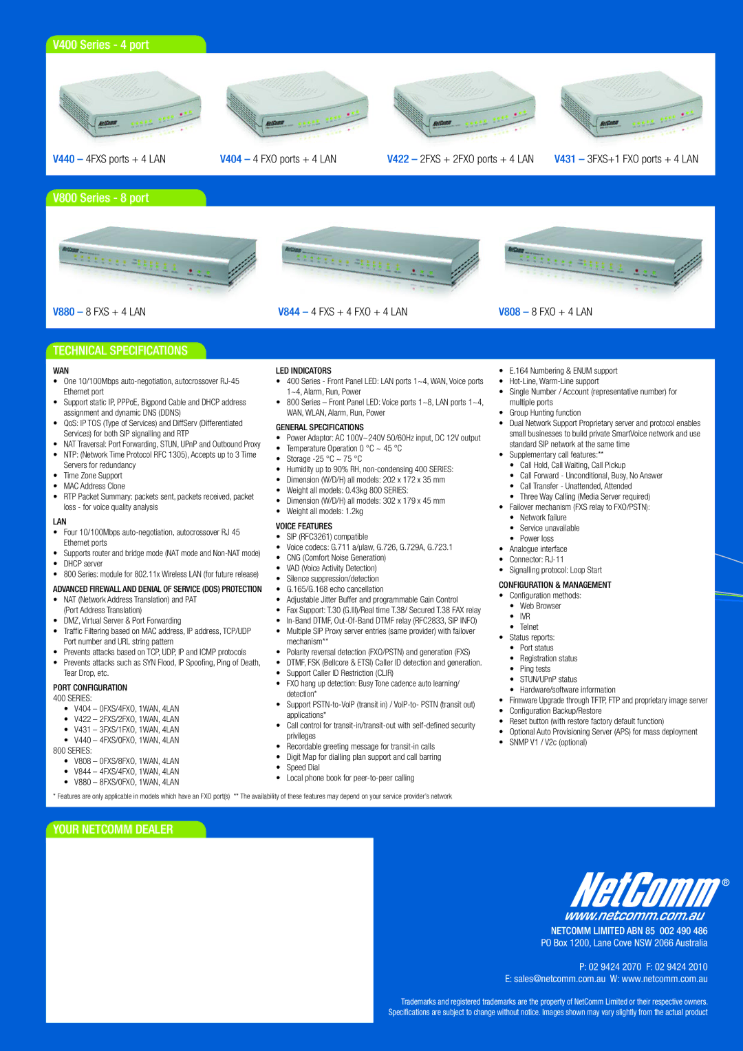 NetComm V800, V400 manual Technical Specifications 