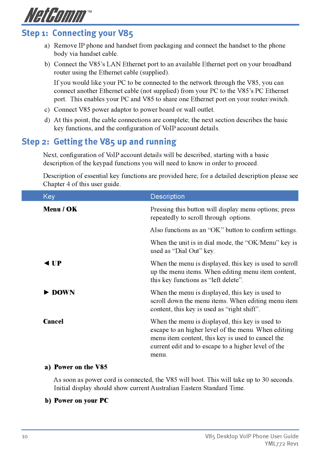 NetComm manual Connecting your, Getting the V85 up and running, Down 