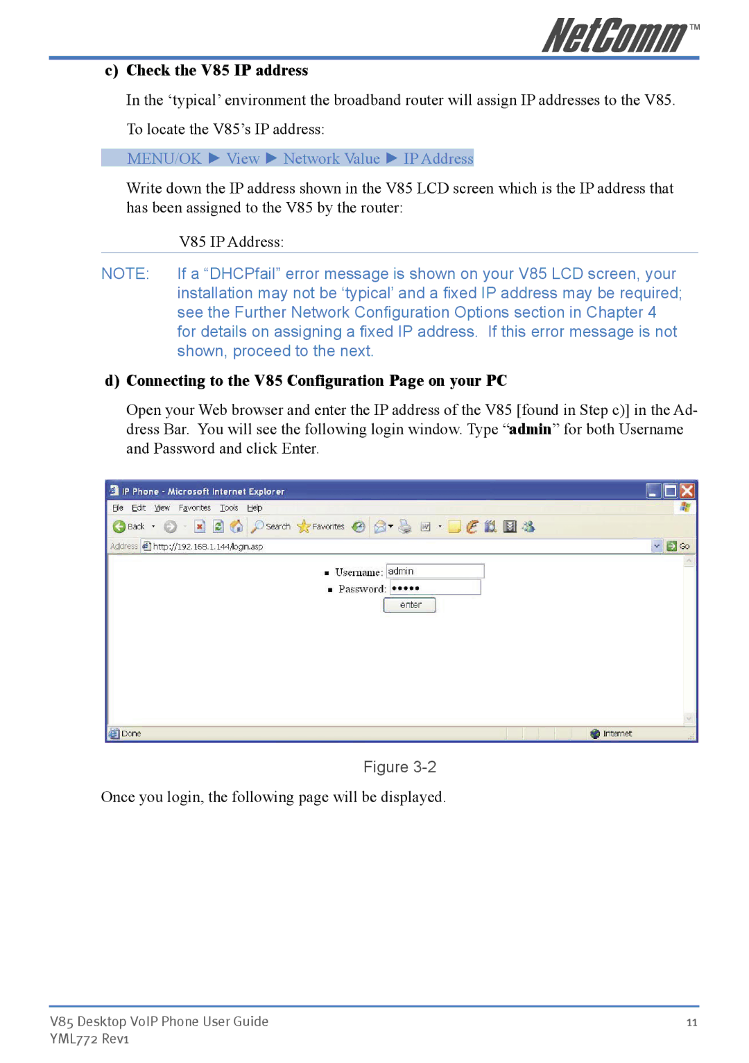 NetComm manual Check the V85 IP address, Connecting to the V85 Configuration Page on your PC 